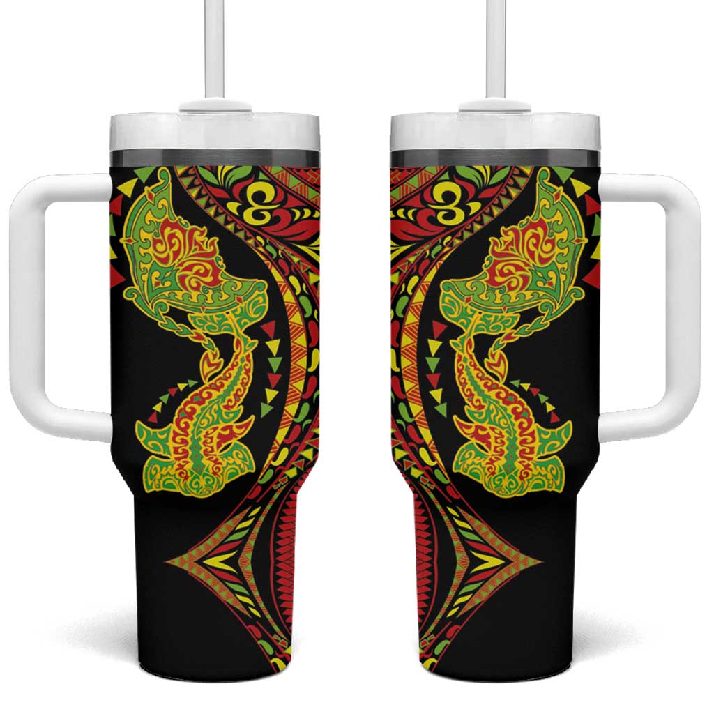 Hawaiian Manta Ray and Hammerhead Shark Tribal Tattoo Tumbler With Handle with Polynesian Tribal Pattern Kanaka Maoli Flag Color