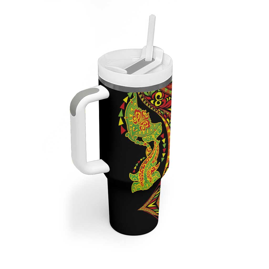 Hawaiian Manta Ray and Hammerhead Shark Tribal Tattoo Tumbler With Handle with Polynesian Tribal Pattern Kanaka Maoli Flag Color