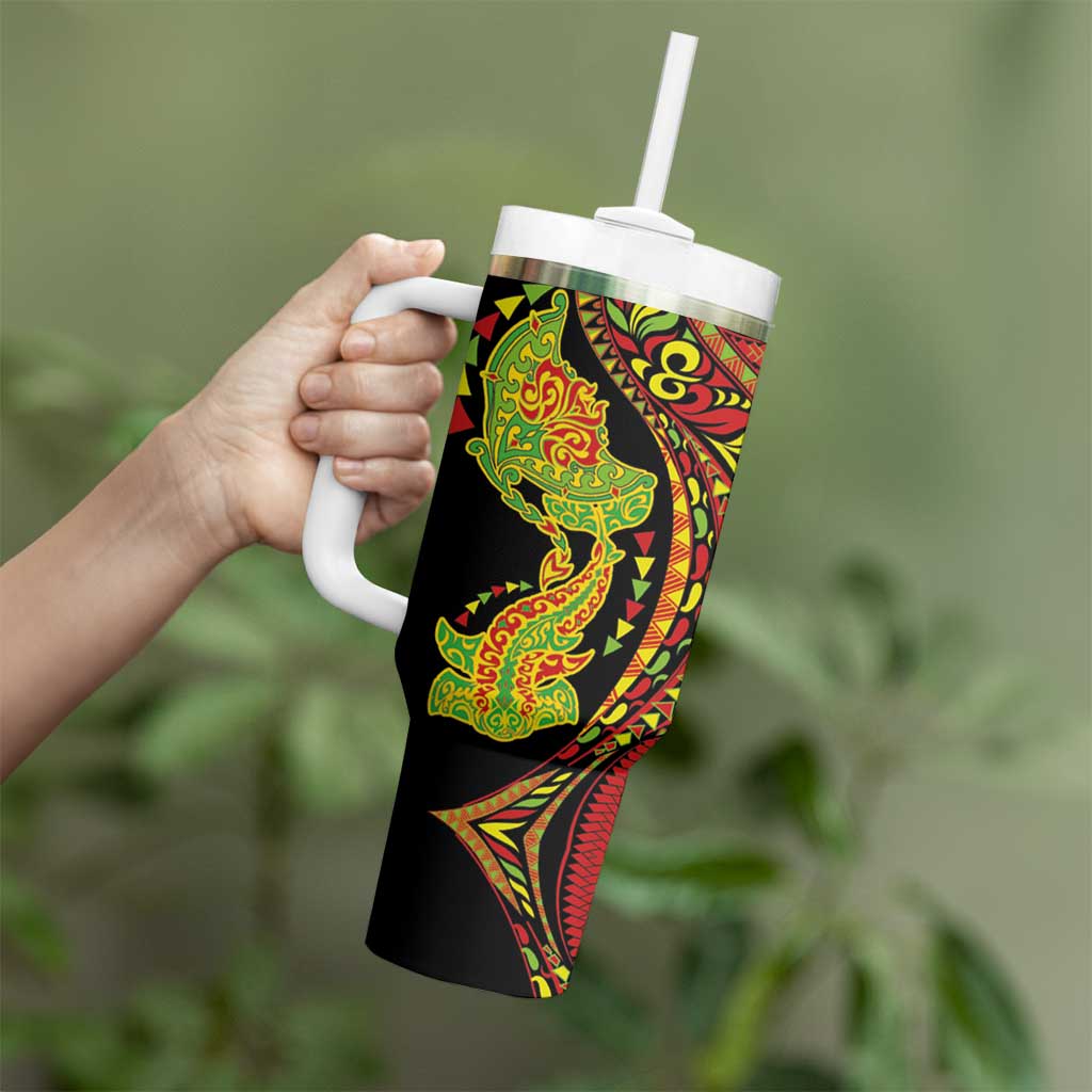 Hawaiian Manta Ray and Hammerhead Shark Tribal Tattoo Tumbler With Handle with Polynesian Tribal Pattern Kanaka Maoli Flag Color