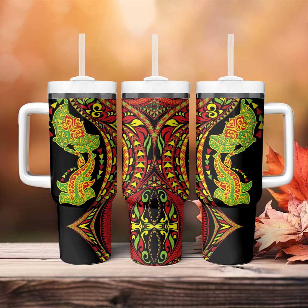 Hawaiian Manta Ray and Hammerhead Shark Tribal Tattoo Tumbler With Handle with Polynesian Tribal Pattern Kanaka Maoli Flag Color