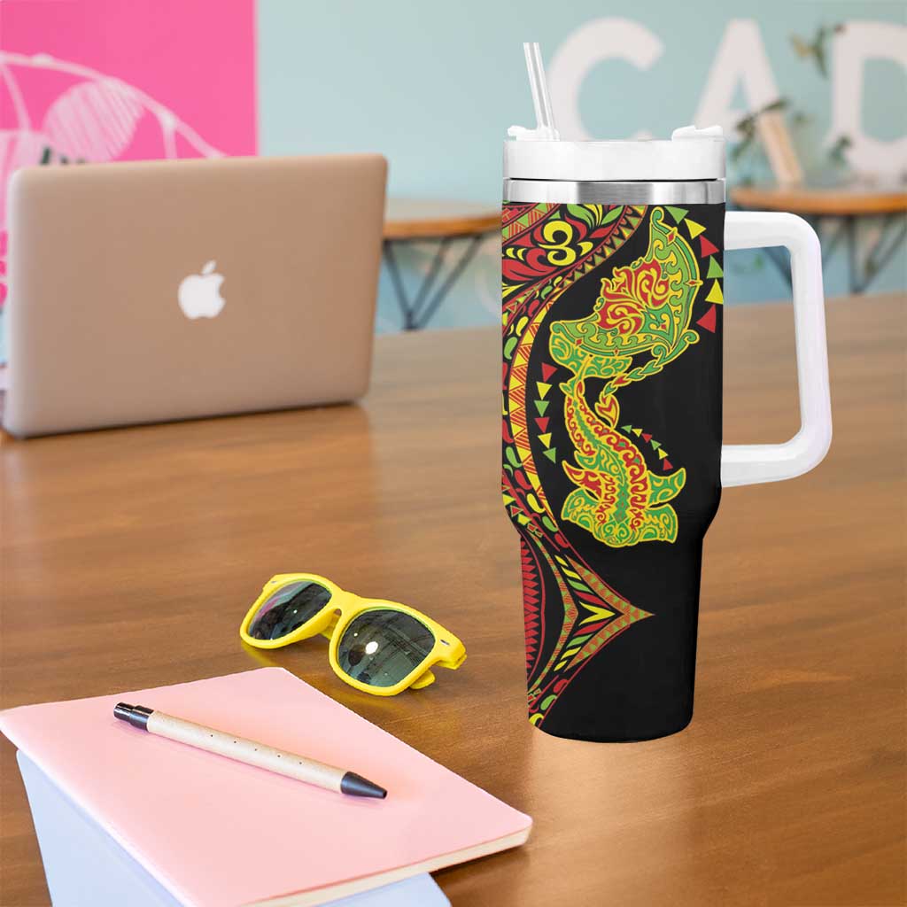 Hawaiian Manta Ray and Hammerhead Shark Tribal Tattoo Tumbler With Handle with Polynesian Tribal Pattern Kanaka Maoli Flag Color