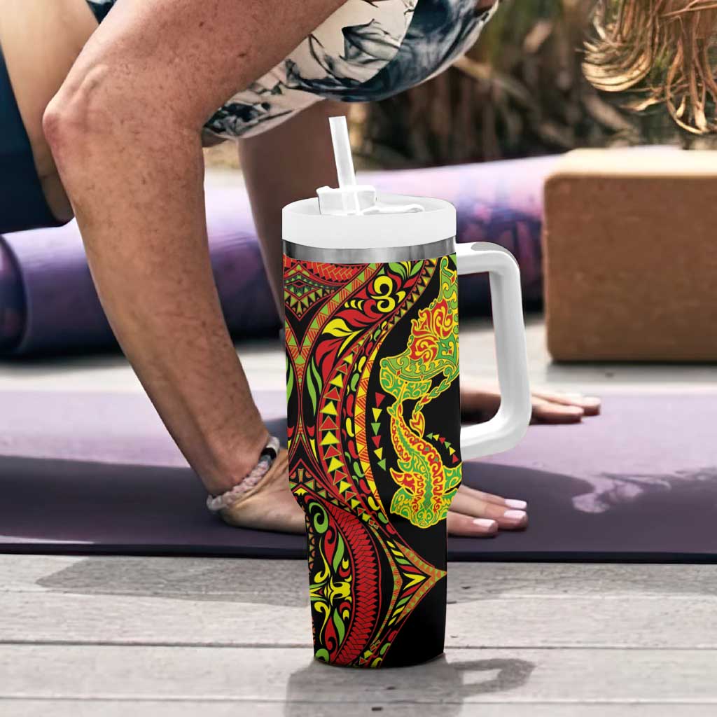 Hawaiian Manta Ray and Hammerhead Shark Tribal Tattoo Tumbler With Handle with Polynesian Tribal Pattern Kanaka Maoli Flag Color