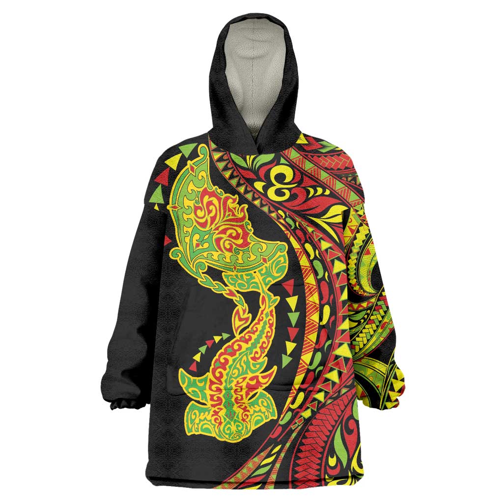 Hawaiian Manta Ray and Hammerhead Shark Tribal Tattoo Wearable Blanket Hoodie with Polynesian Tribal Pattern Kanaka Maoli Flag Color LT03 One Size Multicolor - Polynesian Pride