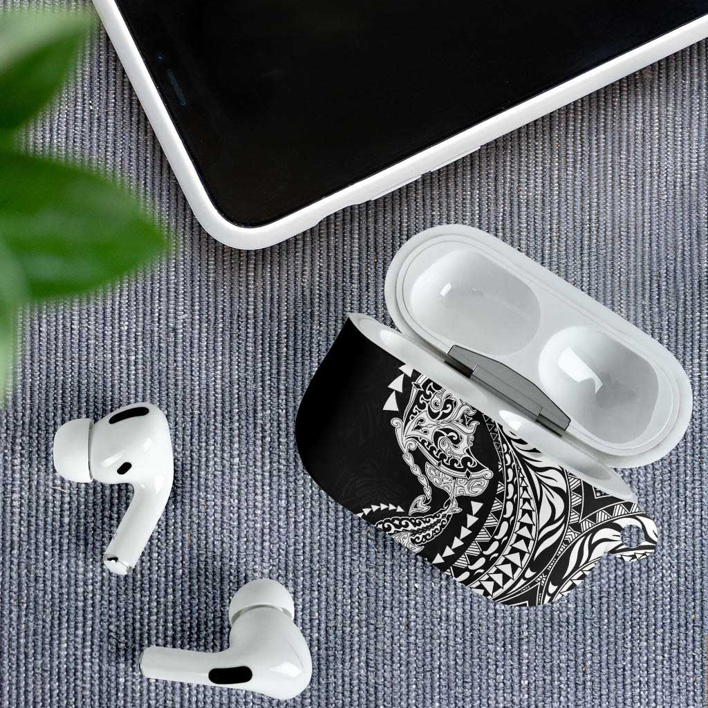 Hawaiian Manta Ray and Hammerhead Shark Tribal Tattoo AirPods Case with Polynesian Tribal Pattern Black-White Color