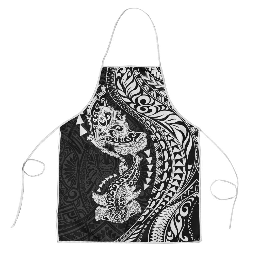 Hawaiian Manta Ray and Hammerhead Shark Tribal Tattoo Apron with Polynesian Tribal Pattern Black-White Color