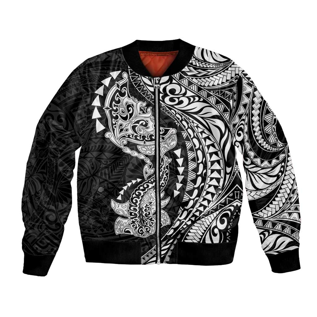 Hawaiian Manta Ray and Hammerhead Shark Tribal Tattoo Bomber Jacket with Polynesian Tribal Pattern Black-White Color LT03 Unisex Multicolor - Polynesian Pride