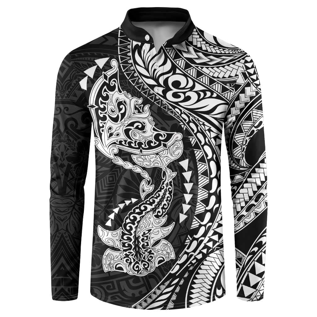 Hawaiian Manta Ray and Hammerhead Shark Tribal Tattoo Button Sweatshirt with Polynesian Tribal Pattern Black-White Color LT03 Multicolor - Polynesian Pride
