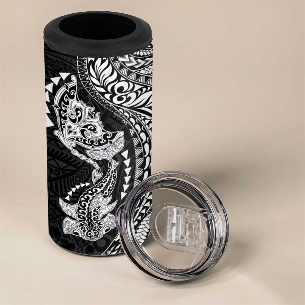 Hawaiian Manta Ray and Hammerhead Shark Tribal Tattoo 4 in 1 Can Cooler Tumbler with Polynesian Tribal Pattern Black-White Color