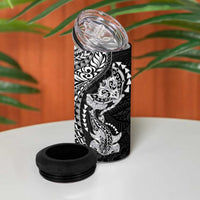 Hawaiian Manta Ray and Hammerhead Shark Tribal Tattoo 4 in 1 Can Cooler Tumbler with Polynesian Tribal Pattern Black-White Color