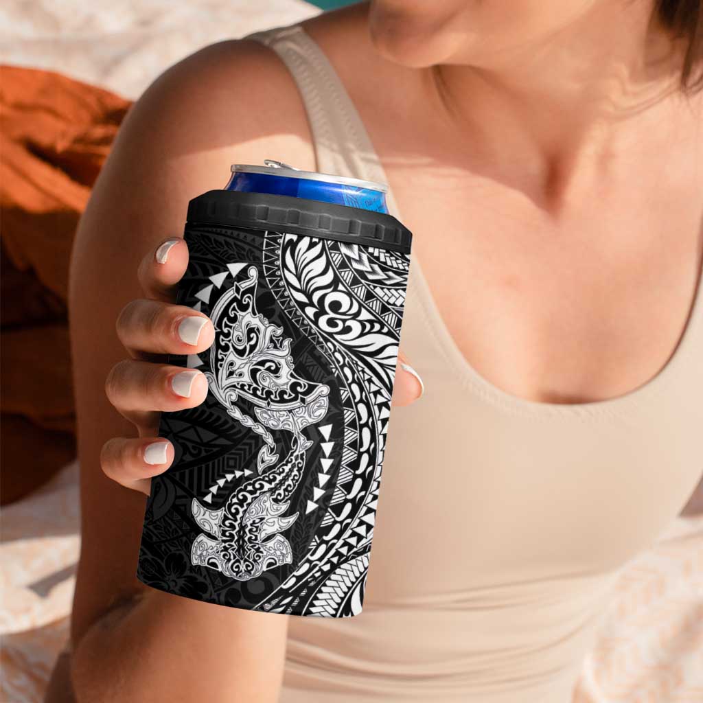 Hawaiian Manta Ray and Hammerhead Shark Tribal Tattoo 4 in 1 Can Cooler Tumbler with Polynesian Tribal Pattern Black-White Color