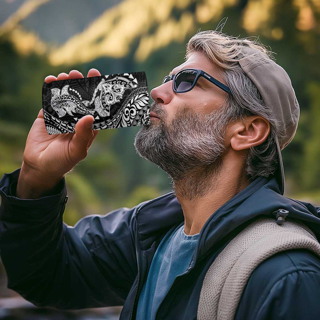 Hawaiian Manta Ray and Hammerhead Shark Tribal Tattoo 4 in 1 Can Cooler Tumbler with Polynesian Tribal Pattern Black-White Color