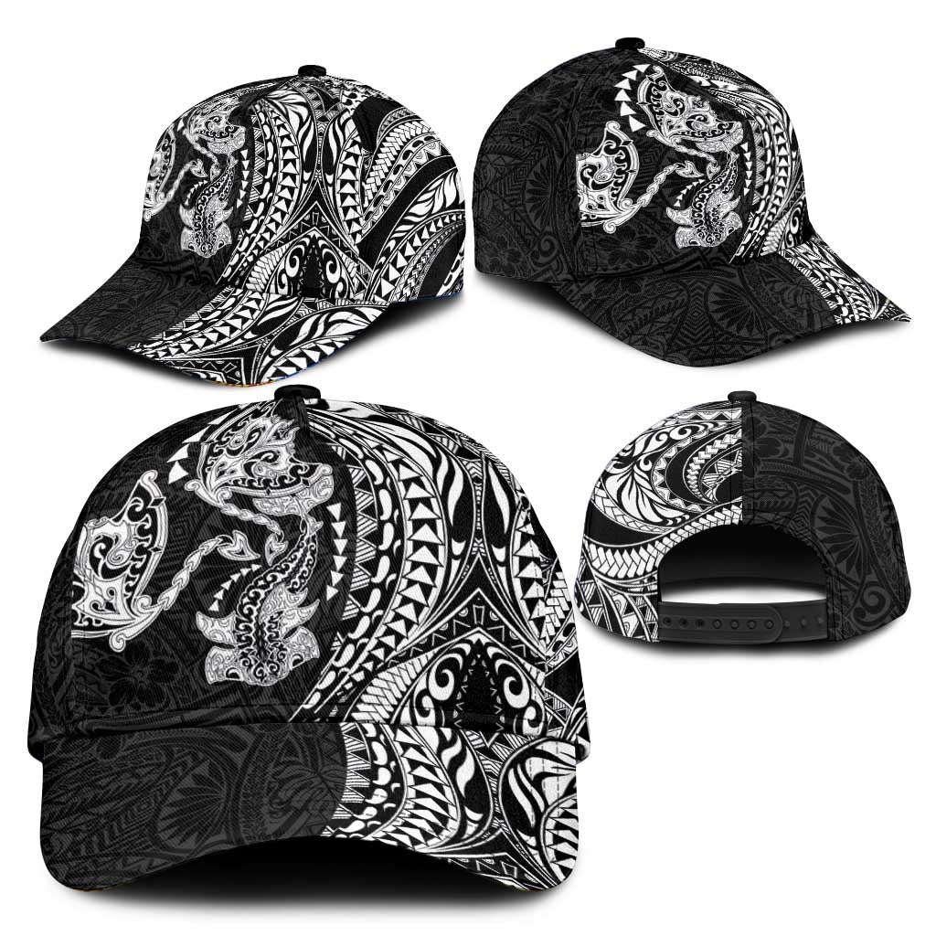 Hawaiian Manta Ray and Hammerhead Shark Tribal Tattoo Classic Cap with Polynesian Tribal Pattern Black-White Color
