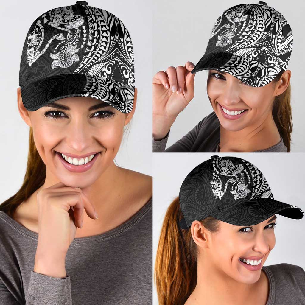 Hawaiian Manta Ray and Hammerhead Shark Tribal Tattoo Classic Cap with Polynesian Tribal Pattern Black-White Color