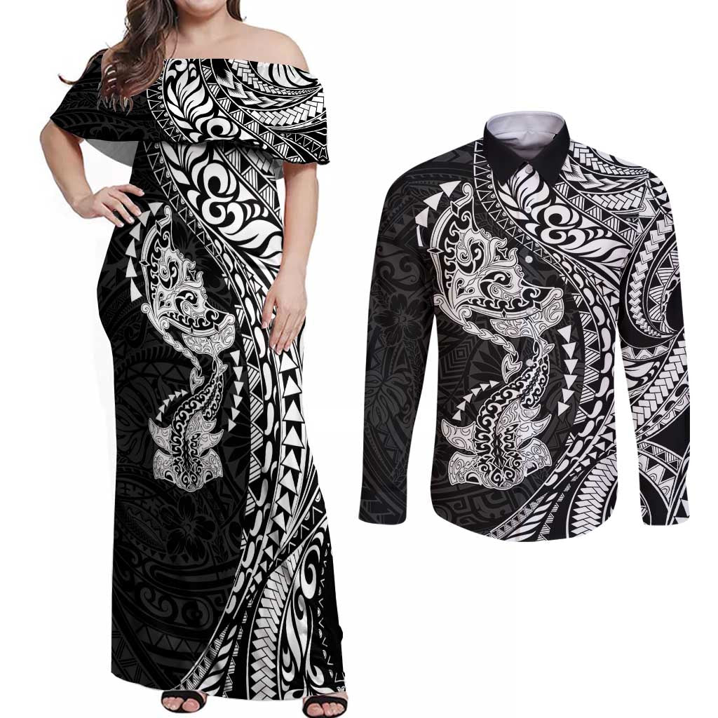 Hawaiian Manta Ray and Hammerhead Shark Tribal Tattoo Couples Matching Off Shoulder Maxi Dress and Long Sleeve Button Shirt with Polynesian Tribal Pattern Black-White Color