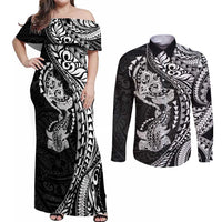 Hawaiian Manta Ray and Hammerhead Shark Tribal Tattoo Couples Matching Off Shoulder Maxi Dress and Long Sleeve Button Shirt with Polynesian Tribal Pattern Black-White Color