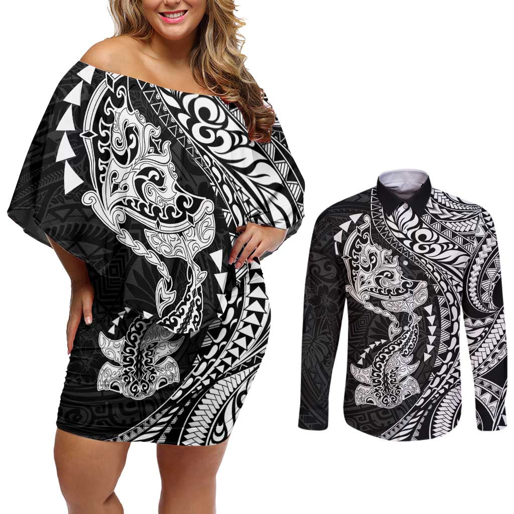 Hawaiian Manta Ray and Hammerhead Shark Tribal Tattoo Couples Matching Off Shoulder Short Dress and Long Sleeve Button Shirt with Polynesian Tribal Pattern Black-White Color LT03 Multicolor - Polynesian Pride
