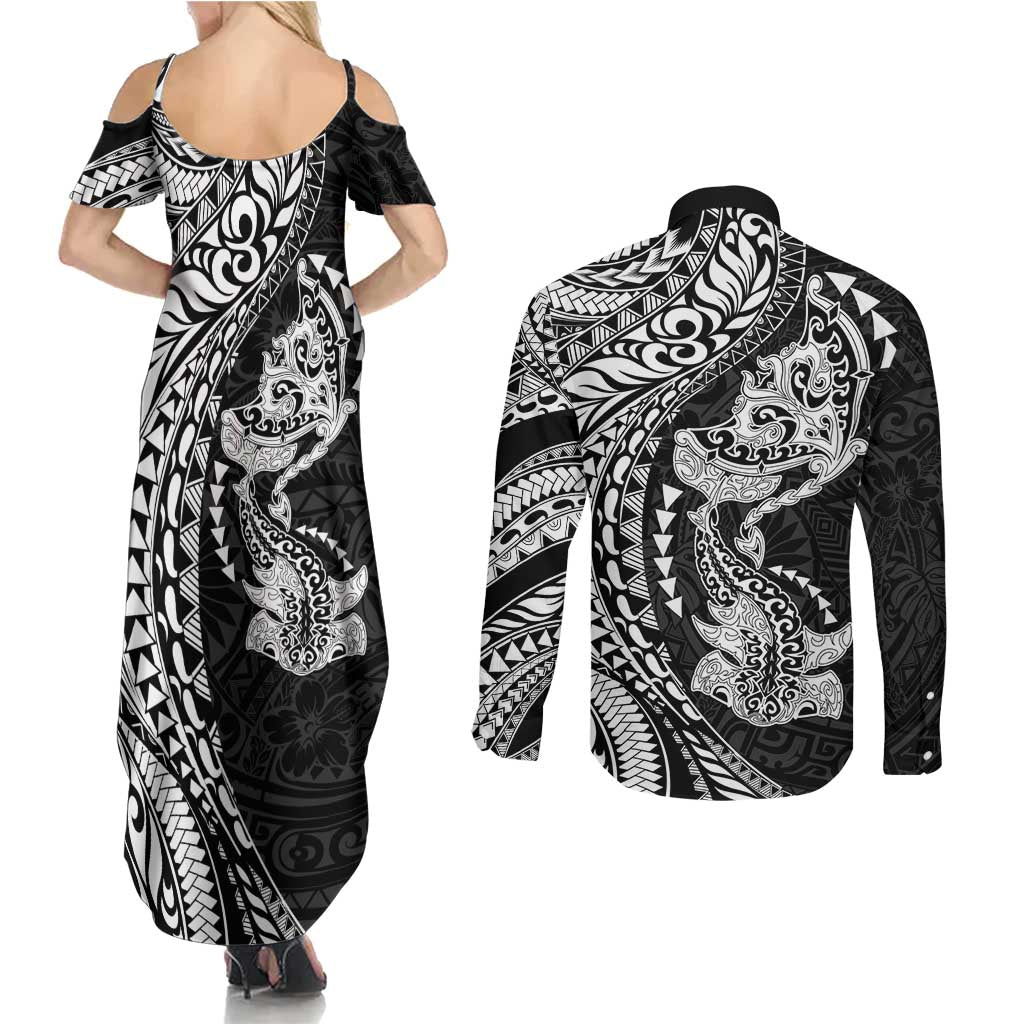 Hawaiian Manta Ray and Hammerhead Shark Tribal Tattoo Couples Matching Summer Maxi Dress and Long Sleeve Button Shirt with Polynesian Tribal Pattern Black-White Color