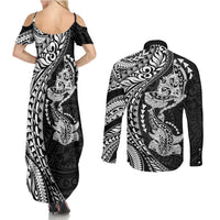 Hawaiian Manta Ray and Hammerhead Shark Tribal Tattoo Couples Matching Summer Maxi Dress and Long Sleeve Button Shirt with Polynesian Tribal Pattern Black-White Color