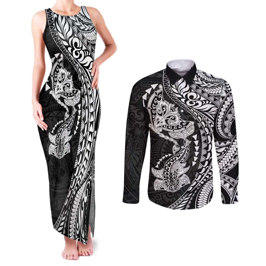 Hawaiian Manta Ray and Hammerhead Shark Tribal Tattoo Couples Matching Tank Maxi Dress and Long Sleeve Button Shirt with Polynesian Tribal Pattern Black-White Color