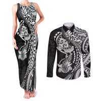 Hawaiian Manta Ray and Hammerhead Shark Tribal Tattoo Couples Matching Tank Maxi Dress and Long Sleeve Button Shirt with Polynesian Tribal Pattern Black-White Color