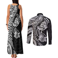 Hawaiian Manta Ray and Hammerhead Shark Tribal Tattoo Couples Matching Tank Maxi Dress and Long Sleeve Button Shirt with Polynesian Tribal Pattern Black-White Color