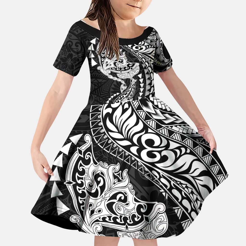 Hawaiian Manta Ray and Hammerhead Shark Tribal Tattoo Family Matching Mermaid Dress and Hawaiian Shirt with Polynesian Tribal Pattern Black-White Color LT03 Daughter's Dress Multicolor - Polynesian Pride