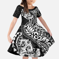 Hawaiian Manta Ray and Hammerhead Shark Tribal Tattoo Family Matching Off The Shoulder Long Sleeve Dress and Hawaiian Shirt with Polynesian Tribal Pattern Black-White Color LT03 Daughter's Dress Multicolor - Polynesian Pride