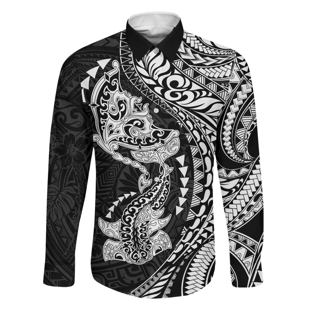 Hawaiian Manta Ray and Hammerhead Shark Tribal Tattoo Family Matching Off The Shoulder Long Sleeve Dress and Hawaiian Shirt with Polynesian Tribal Pattern Black-White Color LT03 Dad's Shirt - Long Sleeve Multicolor - Polynesian Pride
