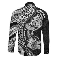 Hawaiian Manta Ray and Hammerhead Shark Tribal Tattoo Family Matching Off Shoulder Short Dress and Hawaiian Shirt with Polynesian Tribal Pattern Black-White Color LT03 - Polynesian Pride