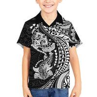 Hawaiian Manta Ray and Hammerhead Shark Tribal Tattoo Family Matching Off Shoulder Short Dress and Hawaiian Shirt with Polynesian Tribal Pattern Black-White Color LT03 Son's Shirt Multicolor - Polynesian Pride