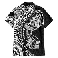 Hawaiian Manta Ray and Hammerhead Shark Tribal Tattoo Family Matching Short Sleeve Bodycon Dress and Hawaiian Shirt with Polynesian Tribal Pattern Black-White Color LT03 - Polynesian Pride