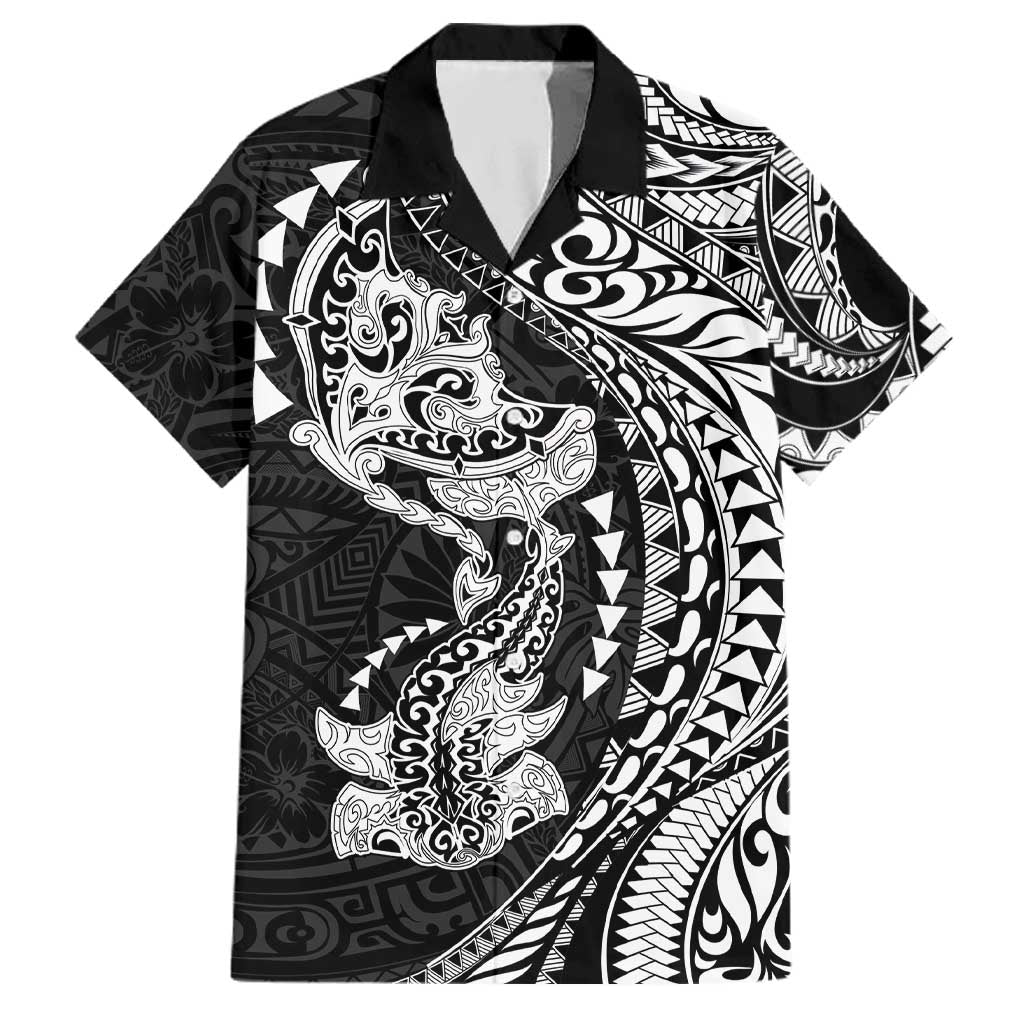 Hawaiian Manta Ray and Hammerhead Shark Tribal Tattoo Family Matching Summer Maxi Dress and Hawaiian Shirt with Polynesian Tribal Pattern Black-White Color LT03 Dad's Shirt - Short Sleeve Multicolor - Polynesian Pride