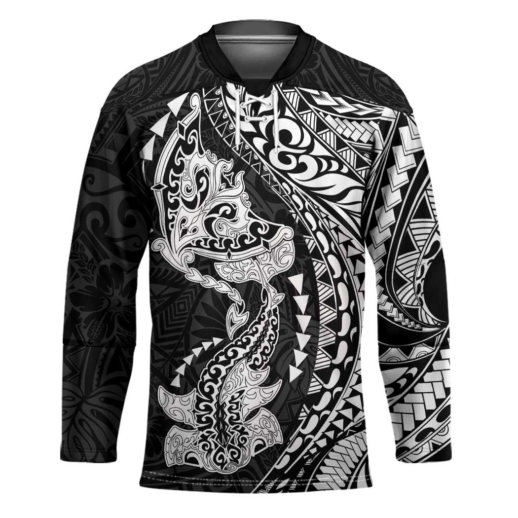 Hawaiian Manta Ray and Hammerhead Shark Tribal Tattoo Hockey Jersey with Polynesian Tribal Pattern Black-White Color