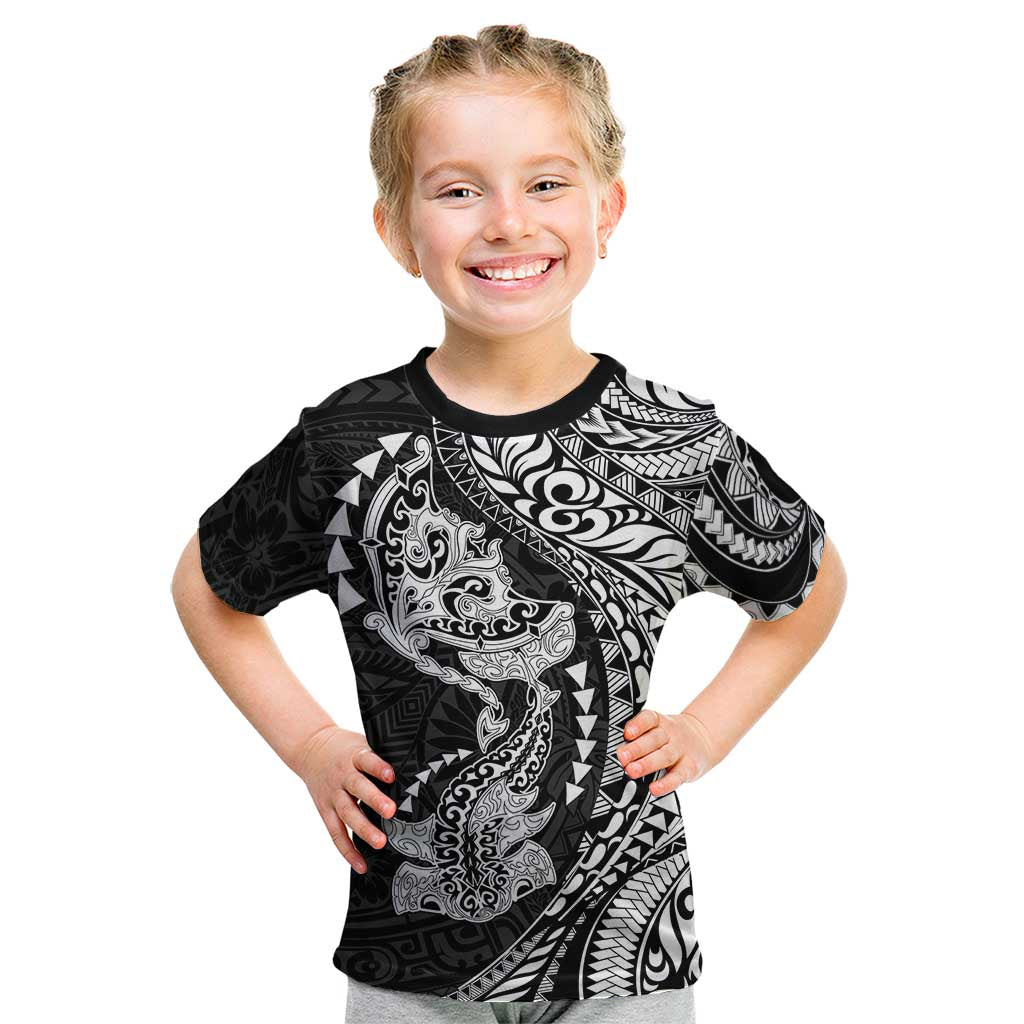 Hawaiian Manta Ray and Hammerhead Shark Tribal Tattoo Kid T Shirt with Polynesian Tribal Pattern Black-White Color