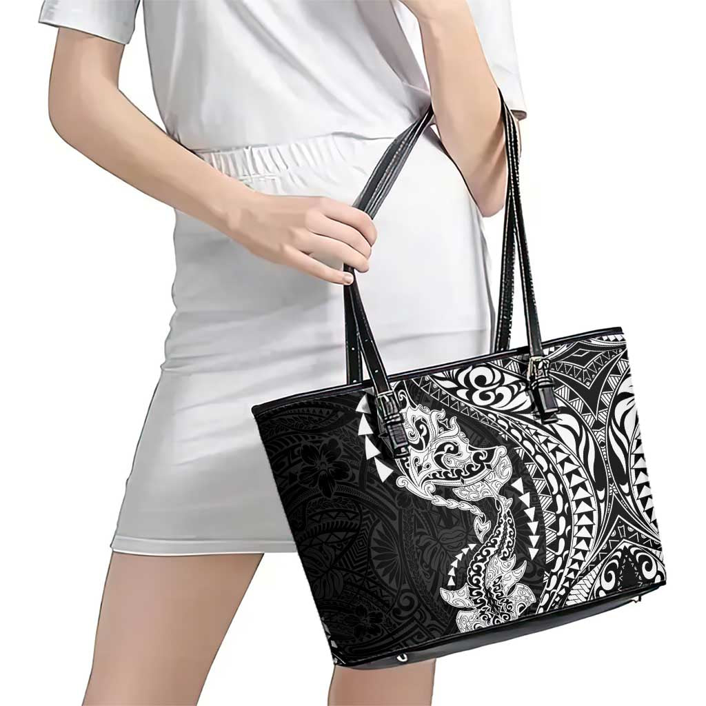 Hawaiian Manta Ray and Hammerhead Shark Tribal Tattoo Leather Tote Bag with Polynesian Tribal Pattern Black-White Color LT03 - Polynesian Pride