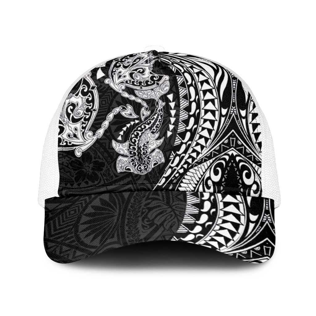 Hawaiian Manta Ray and Hammerhead Shark Tribal Tattoo Mesh Trucker Cap with Polynesian Tribal Pattern Black-White Color