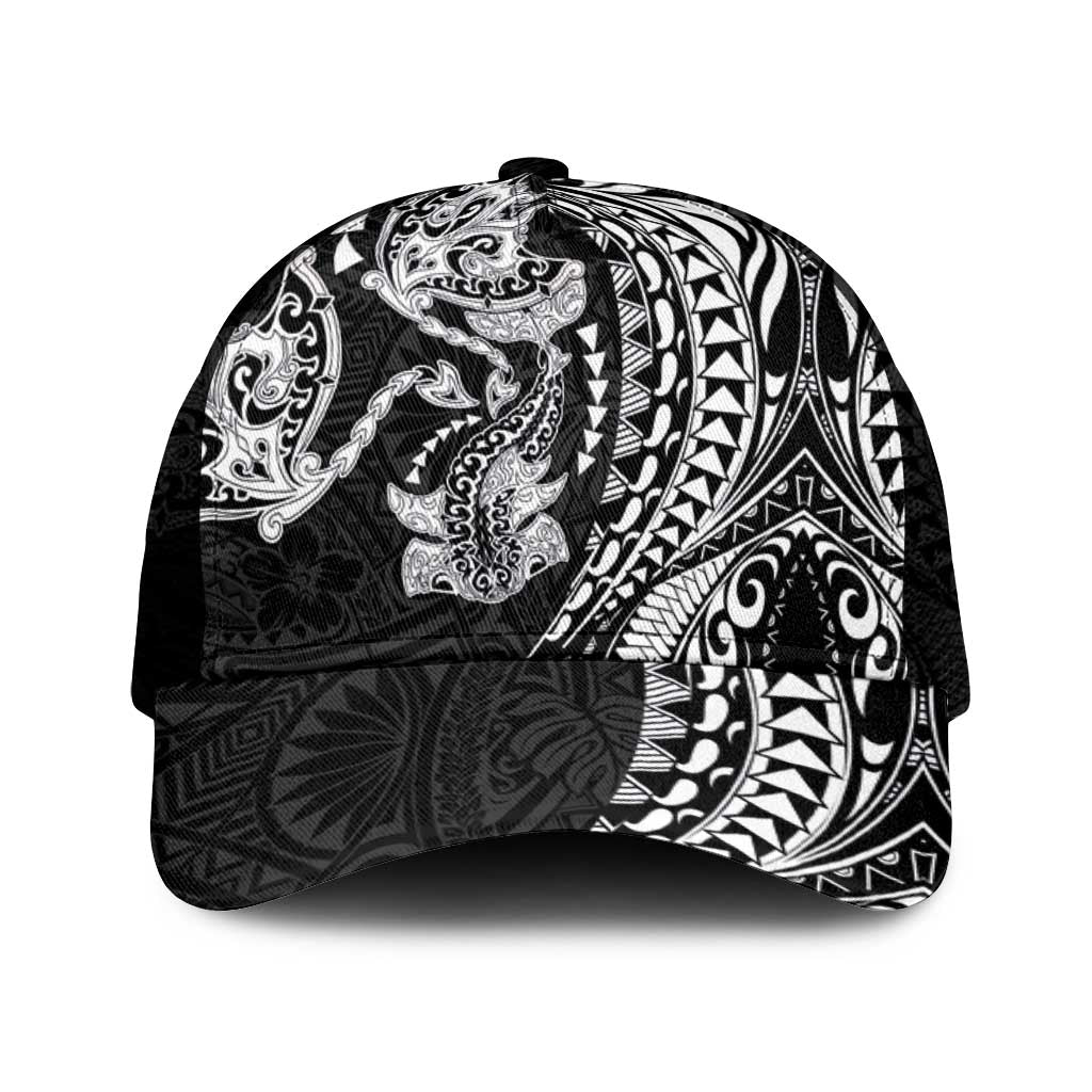 Hawaiian Manta Ray and Hammerhead Shark Tribal Tattoo Mesh Trucker Cap with Polynesian Tribal Pattern Black-White Color