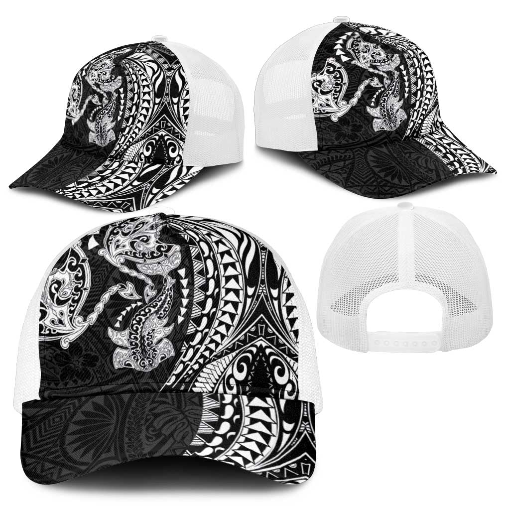 Hawaiian Manta Ray and Hammerhead Shark Tribal Tattoo Mesh Trucker Cap with Polynesian Tribal Pattern Black-White Color
