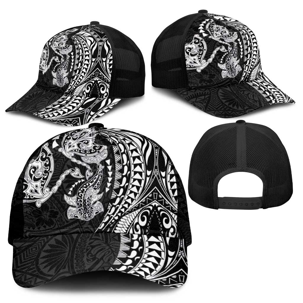 Hawaiian Manta Ray and Hammerhead Shark Tribal Tattoo Mesh Trucker Cap with Polynesian Tribal Pattern Black-White Color