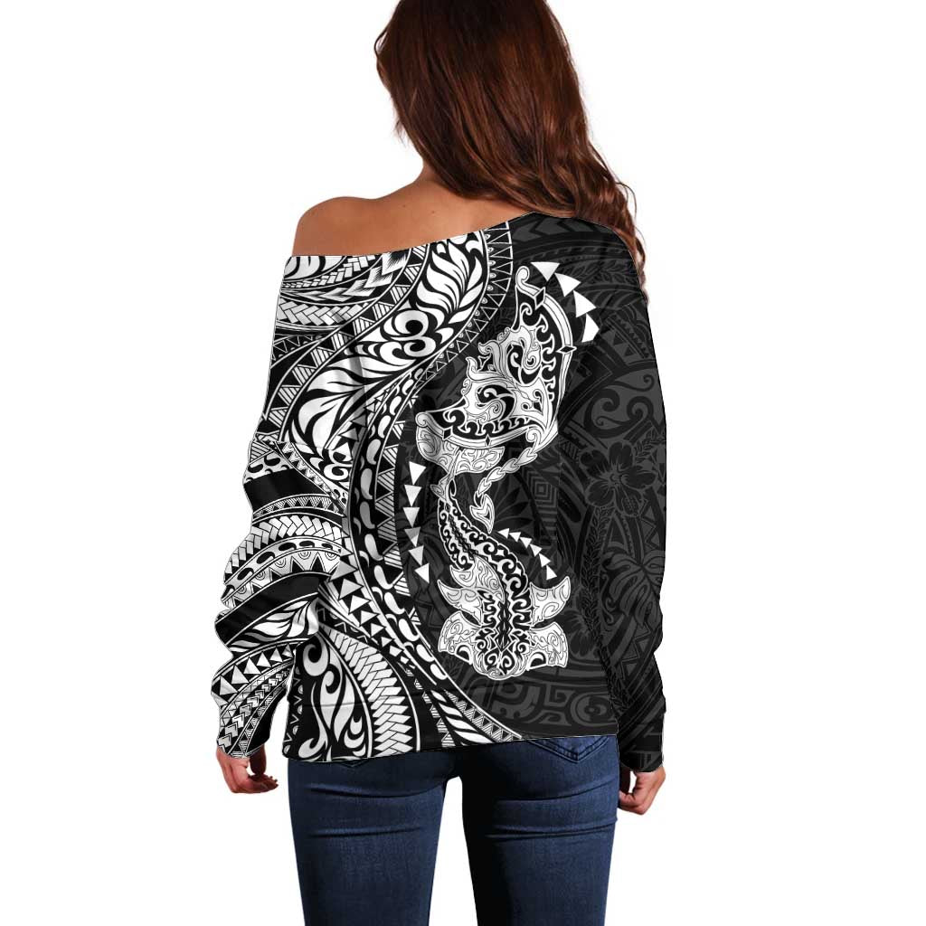 Hawaiian Manta Ray and Hammerhead Shark Tribal Tattoo Off Shoulder Sweater with Polynesian Tribal Pattern Black-White Color