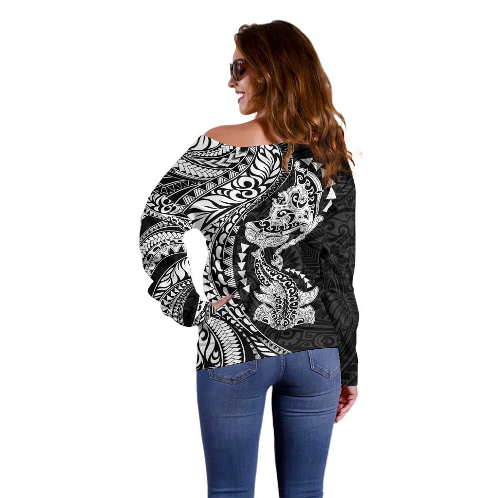 Hawaiian Manta Ray and Hammerhead Shark Tribal Tattoo Off Shoulder Sweater with Polynesian Tribal Pattern Black-White Color