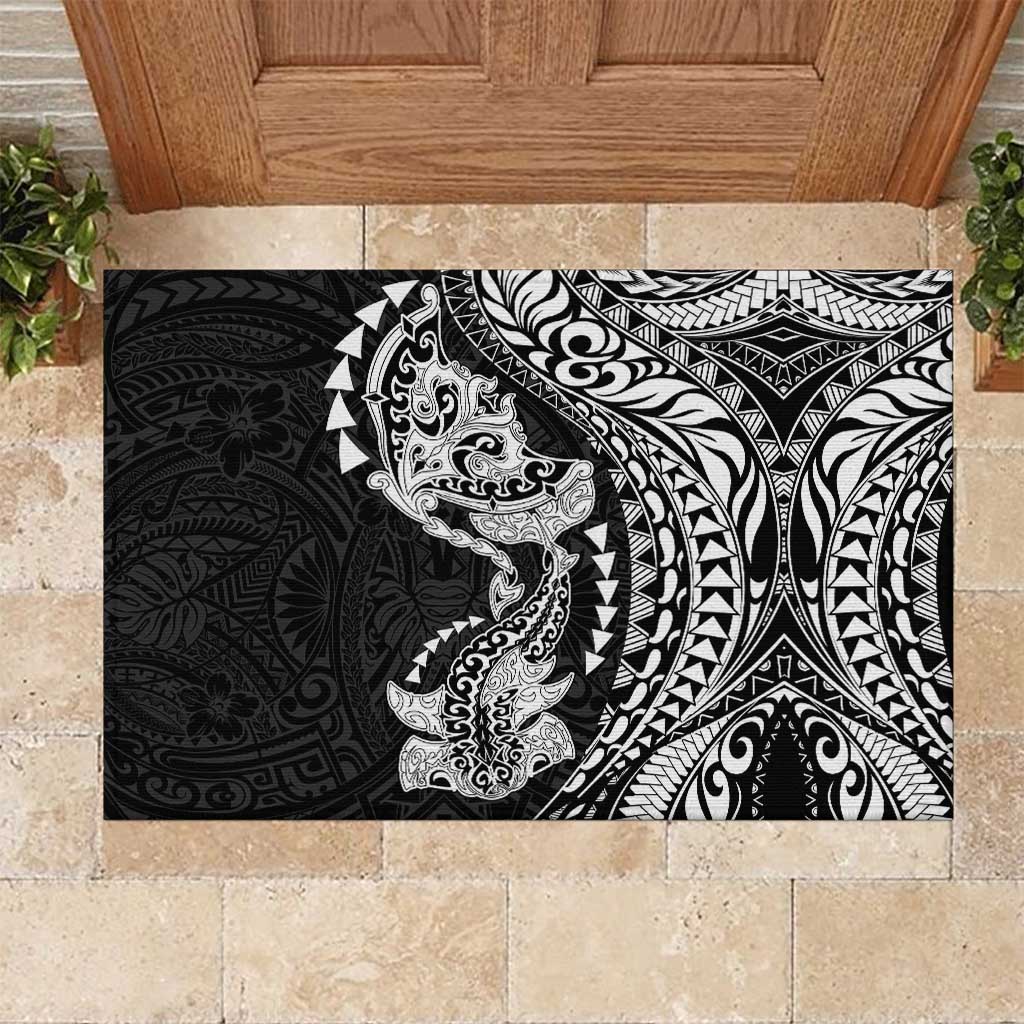 Hawaiian Manta Ray and Hammerhead Shark Tribal Tattoo Rubber Doormat with Polynesian Tribal Pattern Black-White Color