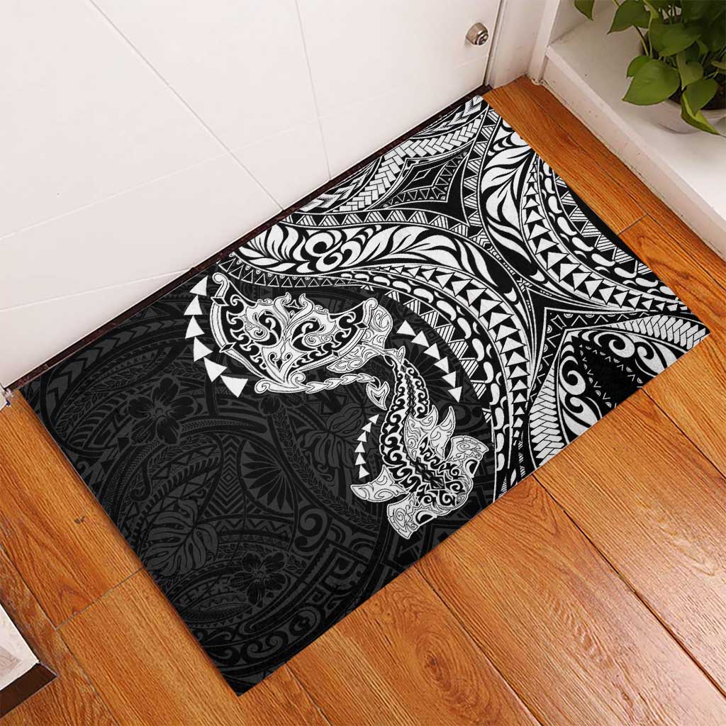 Hawaiian Manta Ray and Hammerhead Shark Tribal Tattoo Rubber Doormat with Polynesian Tribal Pattern Black-White Color