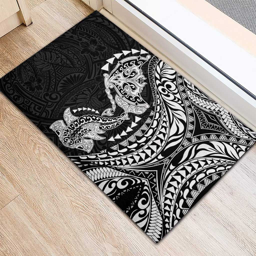 Hawaiian Manta Ray and Hammerhead Shark Tribal Tattoo Rubber Doormat with Polynesian Tribal Pattern Black-White Color