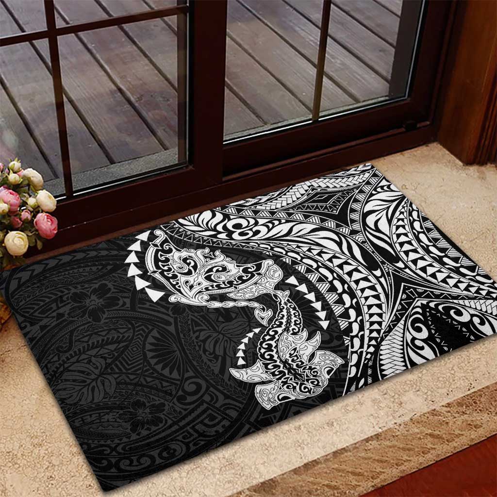 Hawaiian Manta Ray and Hammerhead Shark Tribal Tattoo Rubber Doormat with Polynesian Tribal Pattern Black-White Color