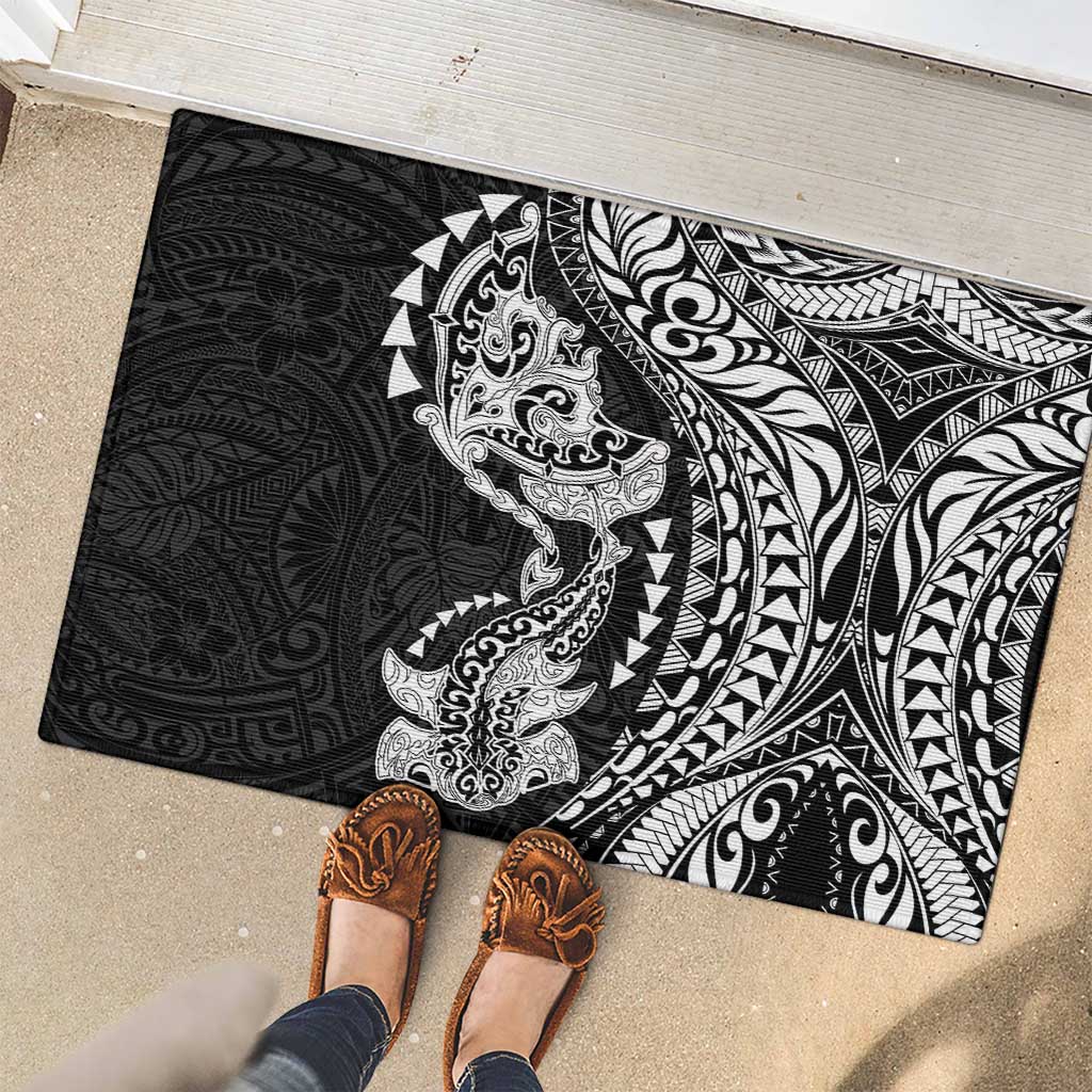 Hawaiian Manta Ray and Hammerhead Shark Tribal Tattoo Rubber Doormat with Polynesian Tribal Pattern Black-White Color