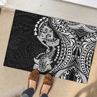 Hawaiian Manta Ray and Hammerhead Shark Tribal Tattoo Rubber Doormat with Polynesian Tribal Pattern Black-White Color