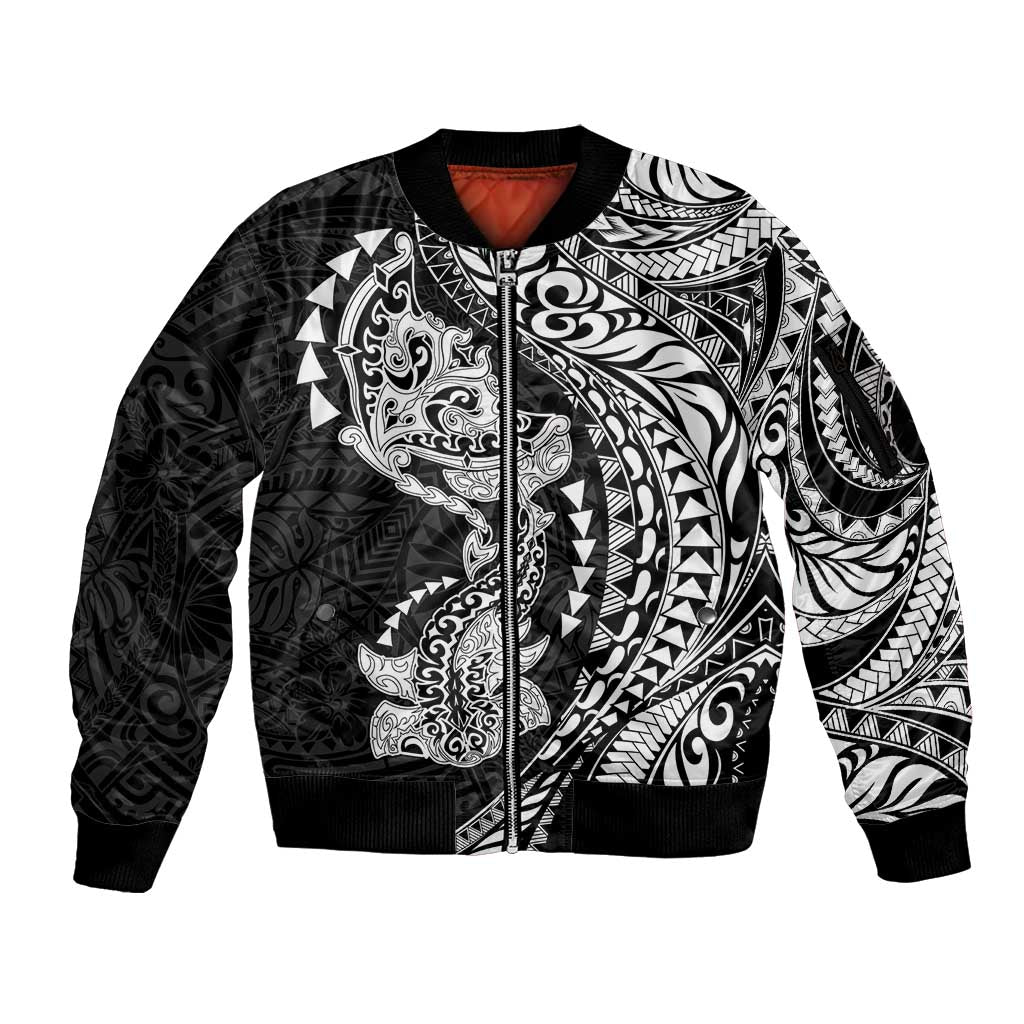 Hawaiian Manta Ray and Hammerhead Shark Tribal Tattoo Sleeve Zip Bomber Jacket with Polynesian Tribal Pattern Black-White Color