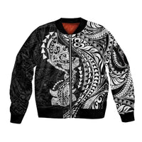 Hawaiian Manta Ray and Hammerhead Shark Tribal Tattoo Sleeve Zip Bomber Jacket with Polynesian Tribal Pattern Black-White Color