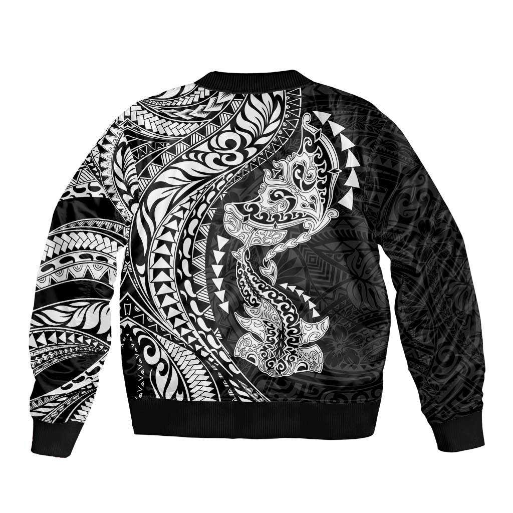 Hawaiian Manta Ray and Hammerhead Shark Tribal Tattoo Sleeve Zip Bomber Jacket with Polynesian Tribal Pattern Black-White Color
